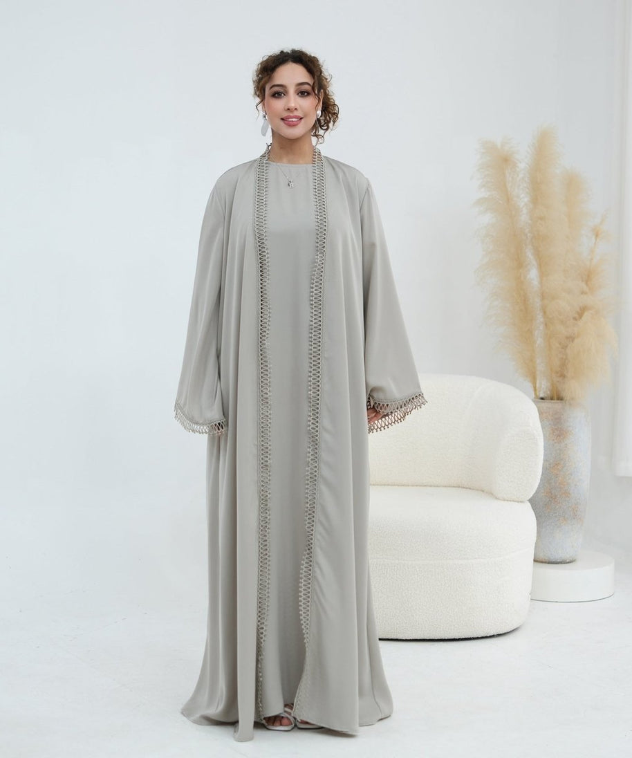 3D Lace Trim Open Abaya & Sleeveless Dress Set(MOA323)