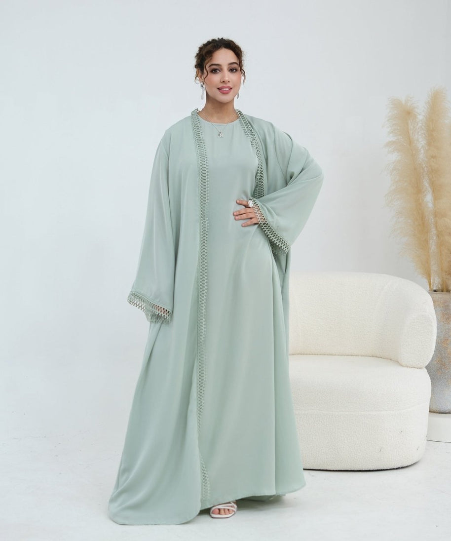 3D Lace Trim Open Abaya & Sleeveless Dress Set(MOA323)