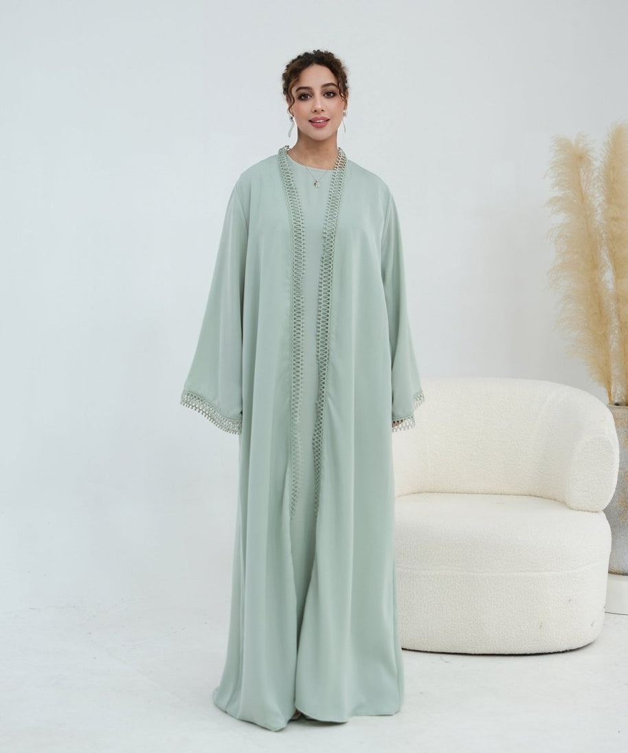 3D Lace Trim Open Abaya & Sleeveless Dress Set(MOA323)