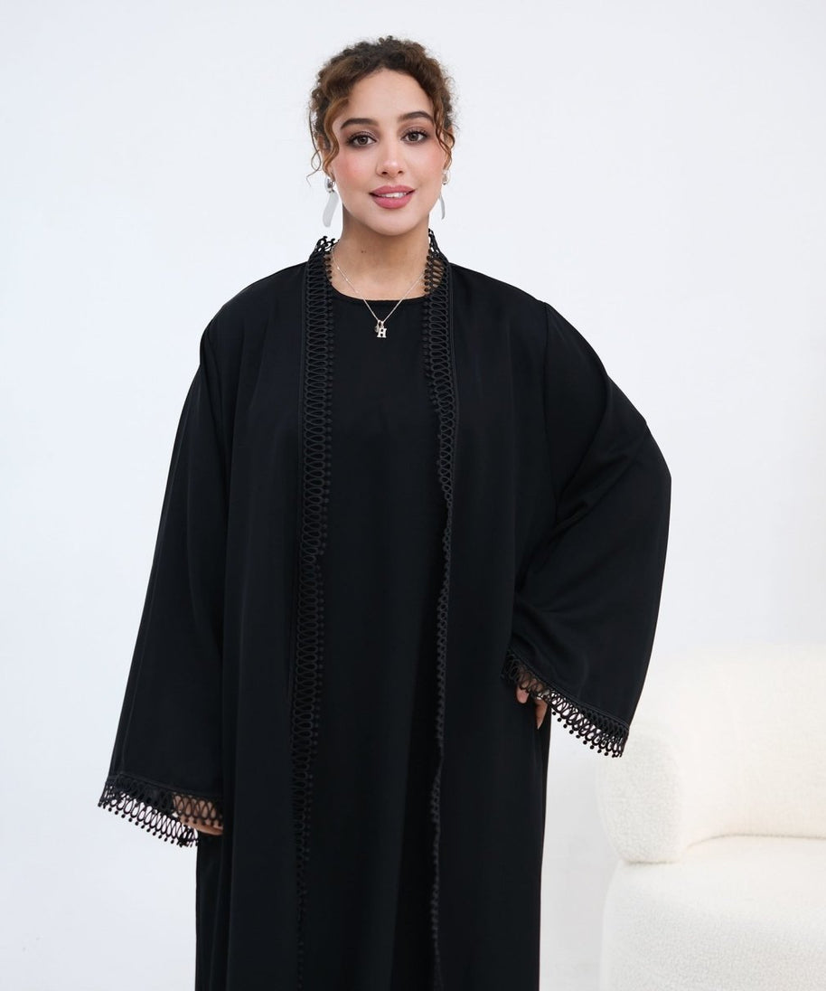 3D Lace Trim Open Abaya & Sleeveless Dress Set(MOA323)