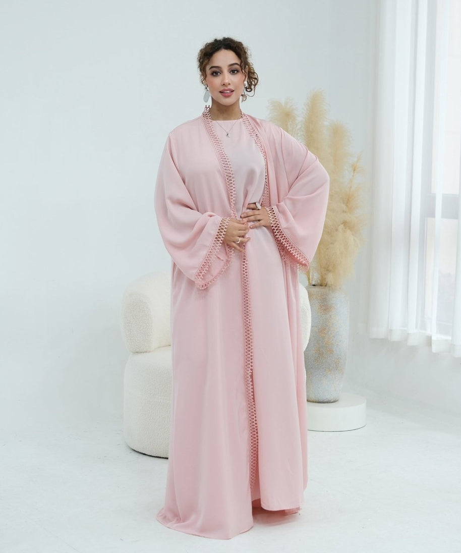 3D Lace Trim Open Abaya & Sleeveless Dress Set(MOA323)