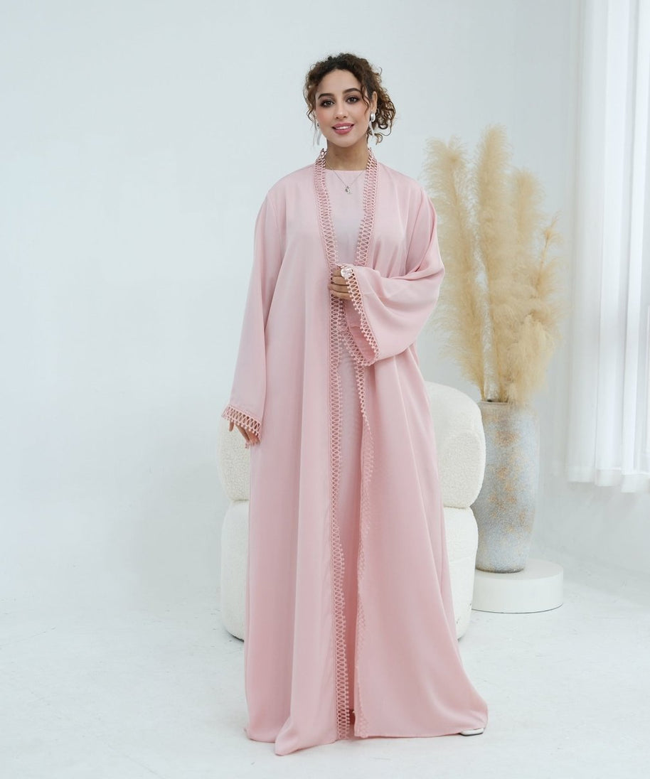 3D Lace Trim Open Abaya & Sleeveless Dress Set(MOA323)