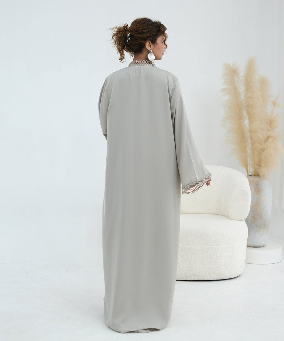 3D Lace Trim Open Abaya & Sleeveless Dress Set(MOA323)