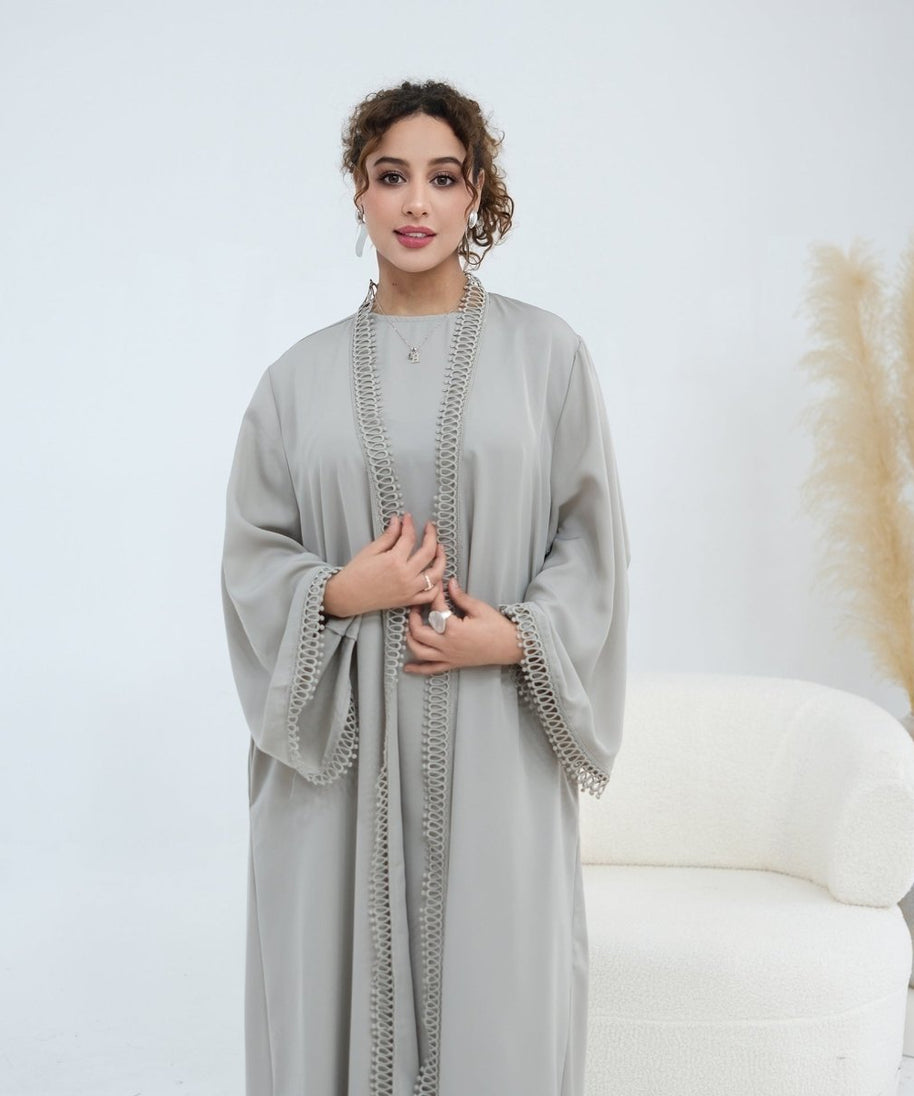 3D Lace Trim Open Abaya & Sleeveless Dress Set(MOA323)