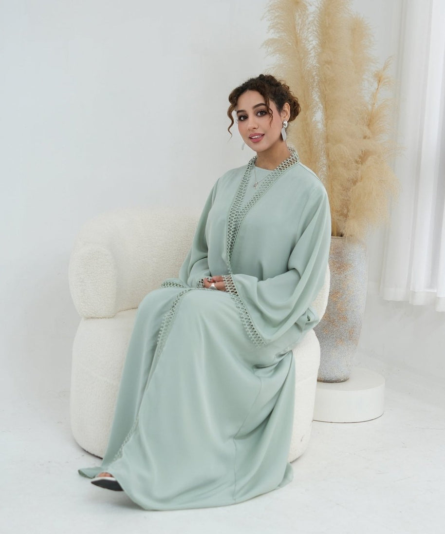 3D Lace Trim Open Abaya & Sleeveless Dress Set(MOA323)