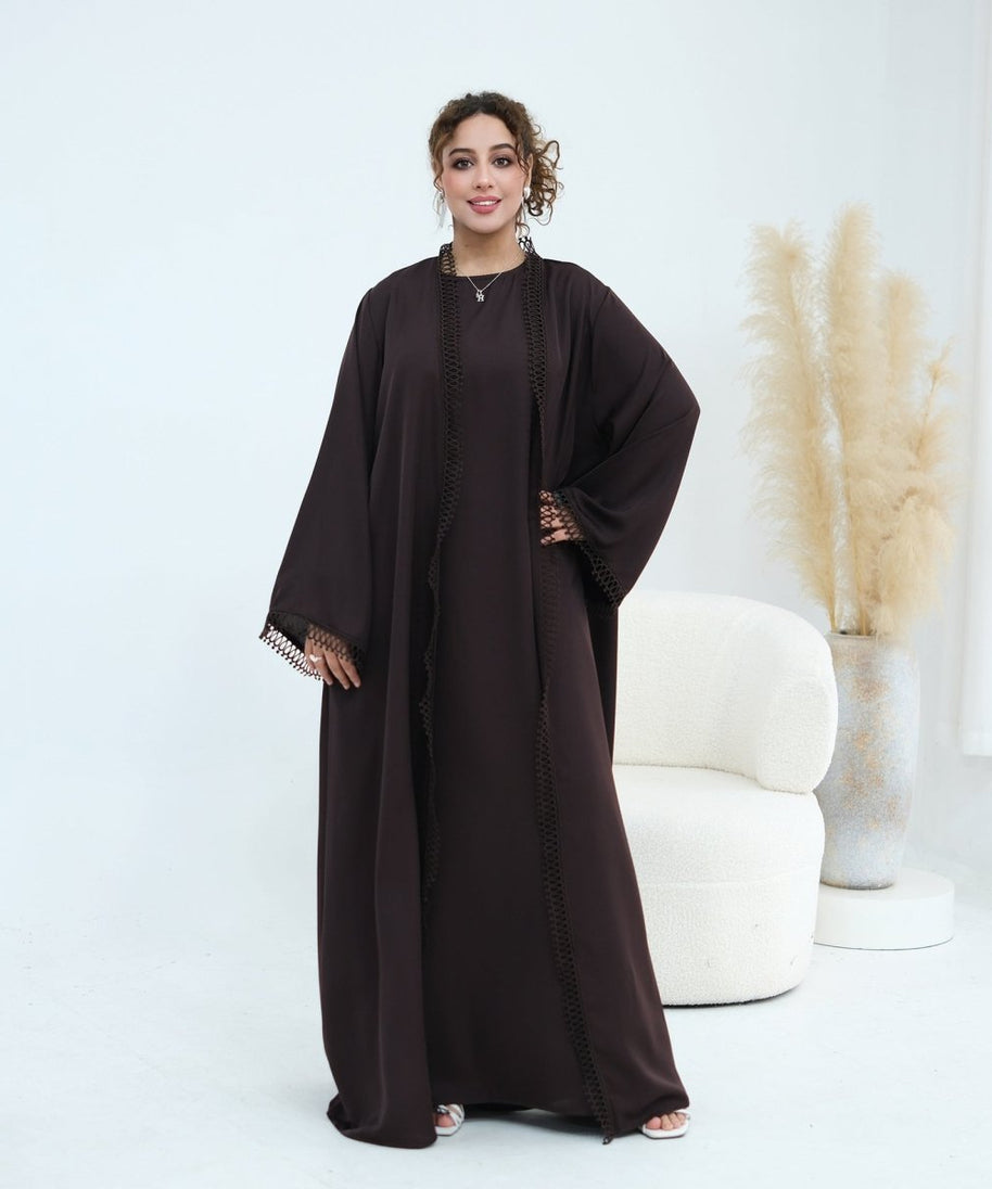3D Lace Trim Open Abaya & Sleeveless Dress Set(MOA323)