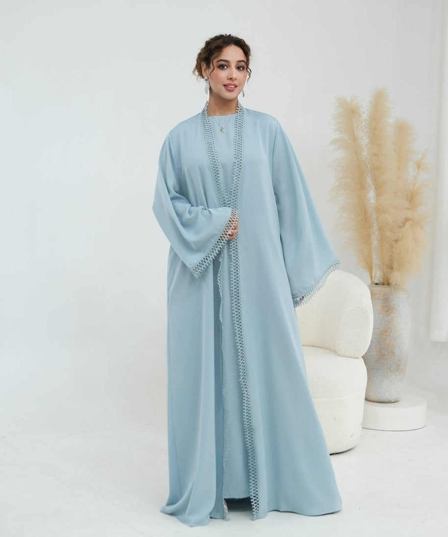 3D Lace Trim Open Abaya & Sleeveless Dress Set(MOA323)