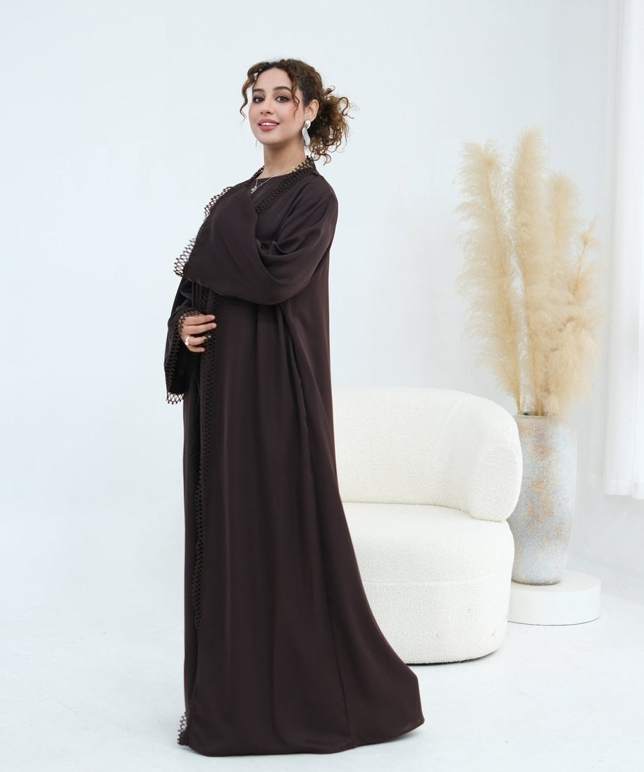 3D Lace Trim Open Abaya & Sleeveless Dress Set(MOA323)