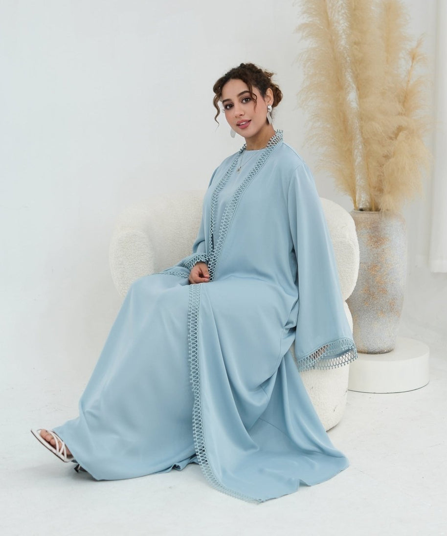 3D Lace Trim Open Abaya & Sleeveless Dress Set(MOA323)