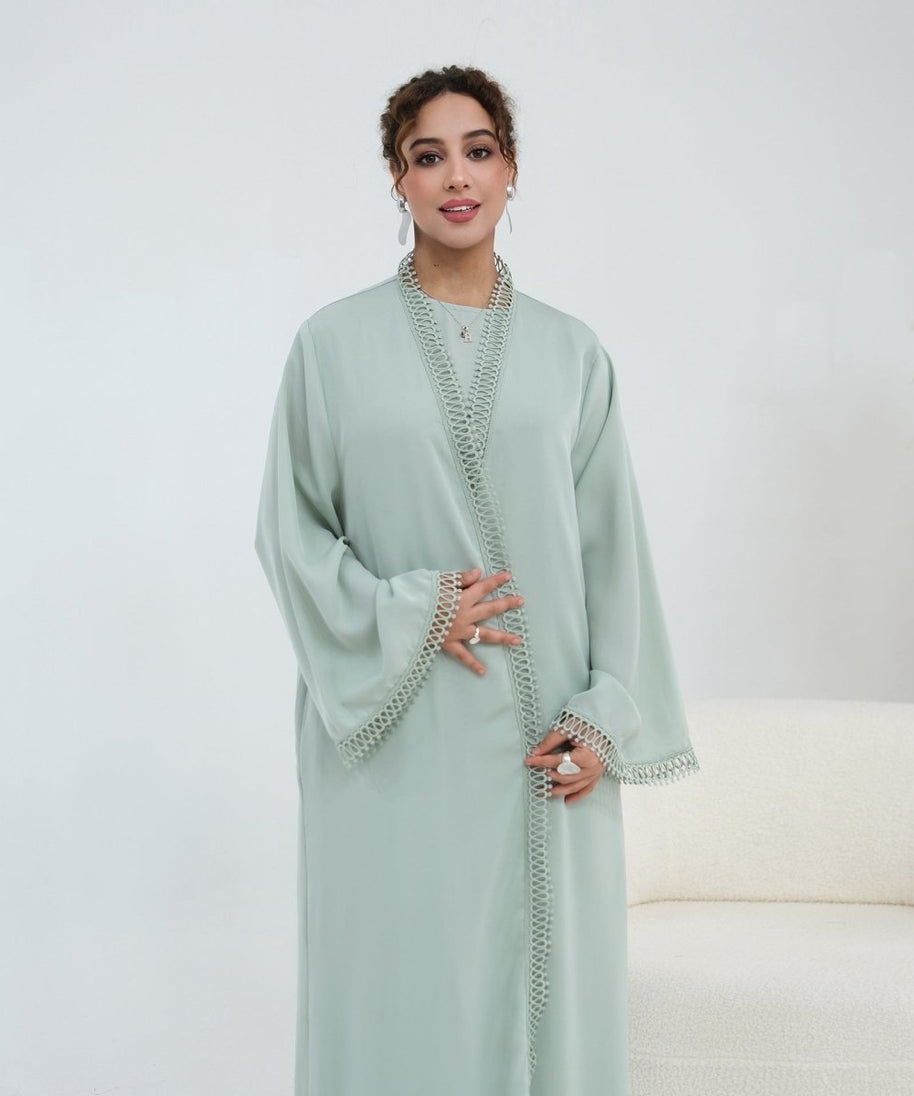 3D Lace Trim Open Abaya & Sleeveless Dress Set(MOA323)