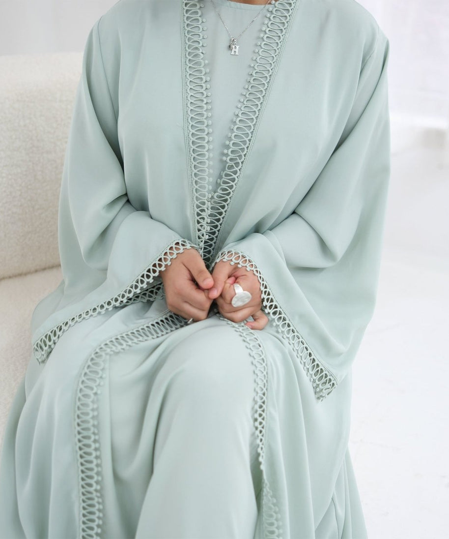 3D Lace Trim Open Abaya & Sleeveless Dress Set(MOA323)