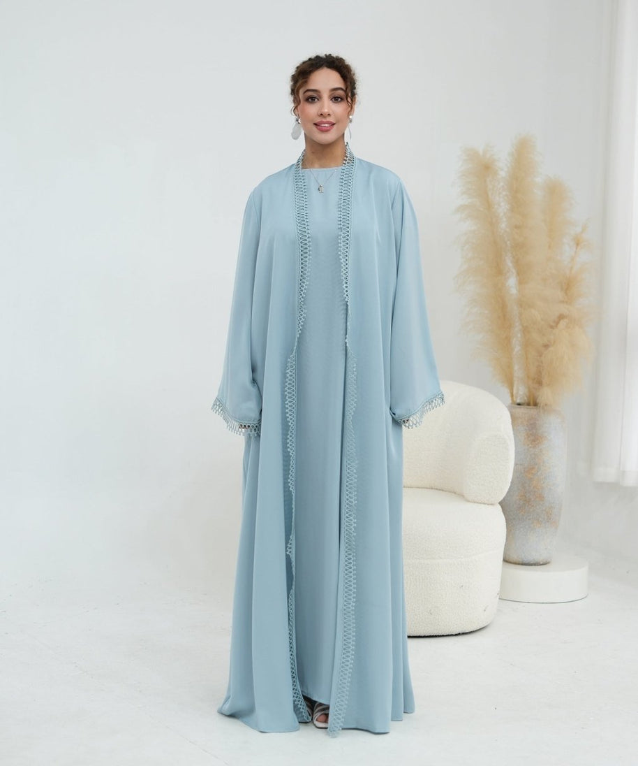 3D Lace Trim Open Abaya & Sleeveless Dress Set(MOA323)