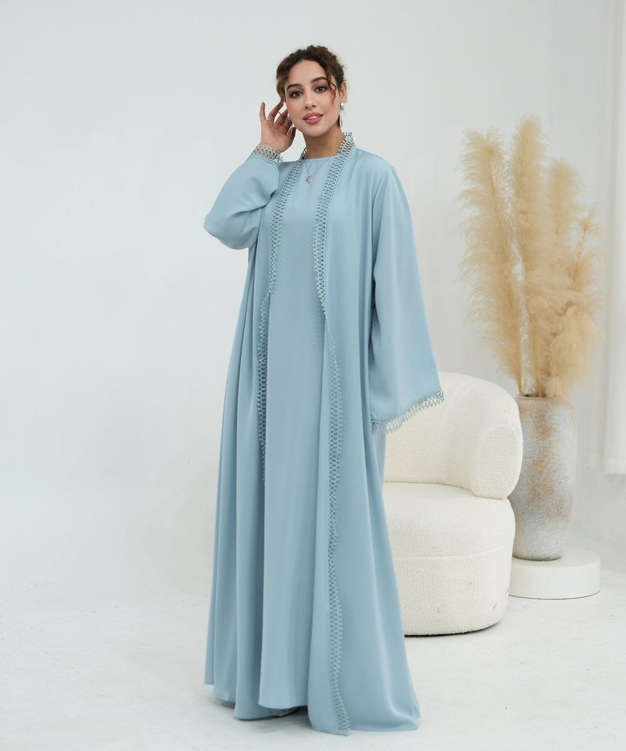 3D Lace Trim Open Abaya & Sleeveless Dress Set(MOA323)