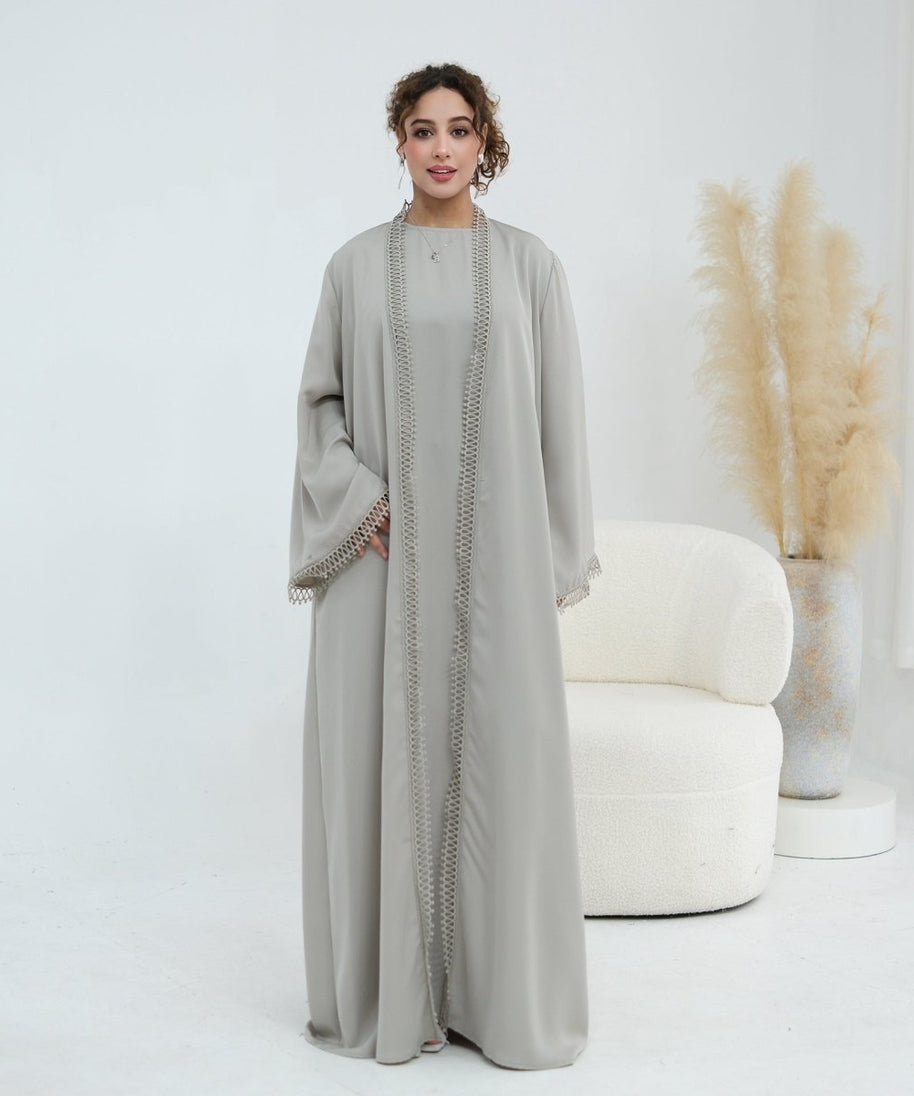 3D Lace Trim Open Abaya & Sleeveless Dress Set(MOA323)