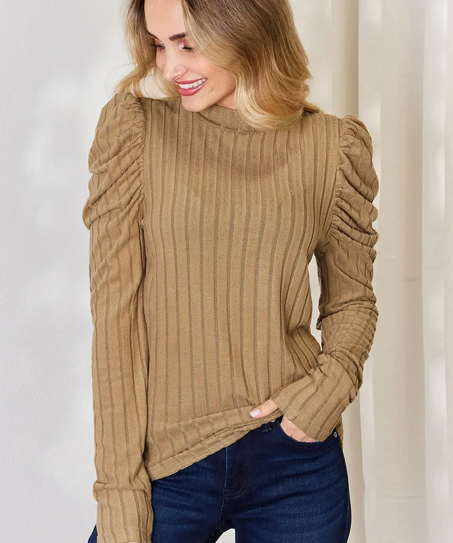 Basic Bae Full Size Ribbed Mock Neck Puff Sleeve T-Shirt