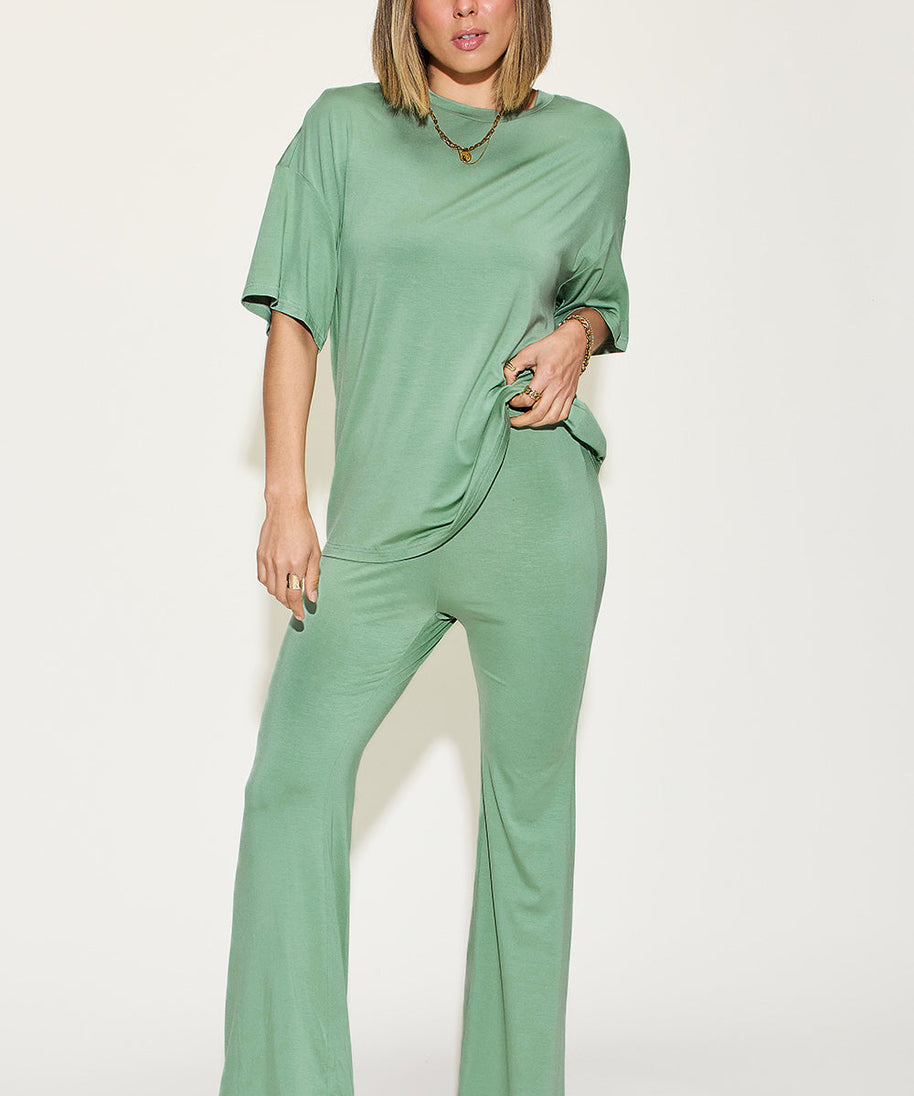 Basic Bae Full Size Bamboo Drop Shoulder T-Shirt and Flare Pants Set