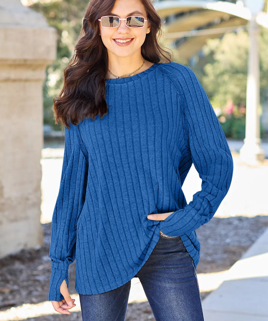 Basic Bae Full Size Ribbed Round Neck Long Sleeve Knit Top