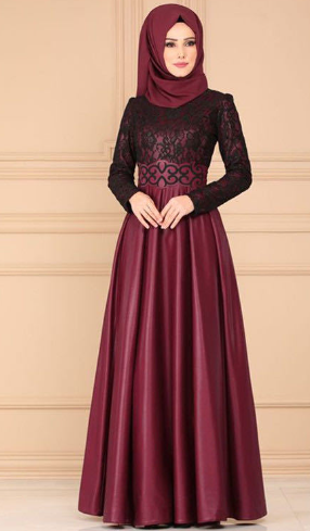 Stylish Color Block Muslim Long Dress with Lace Sleeves