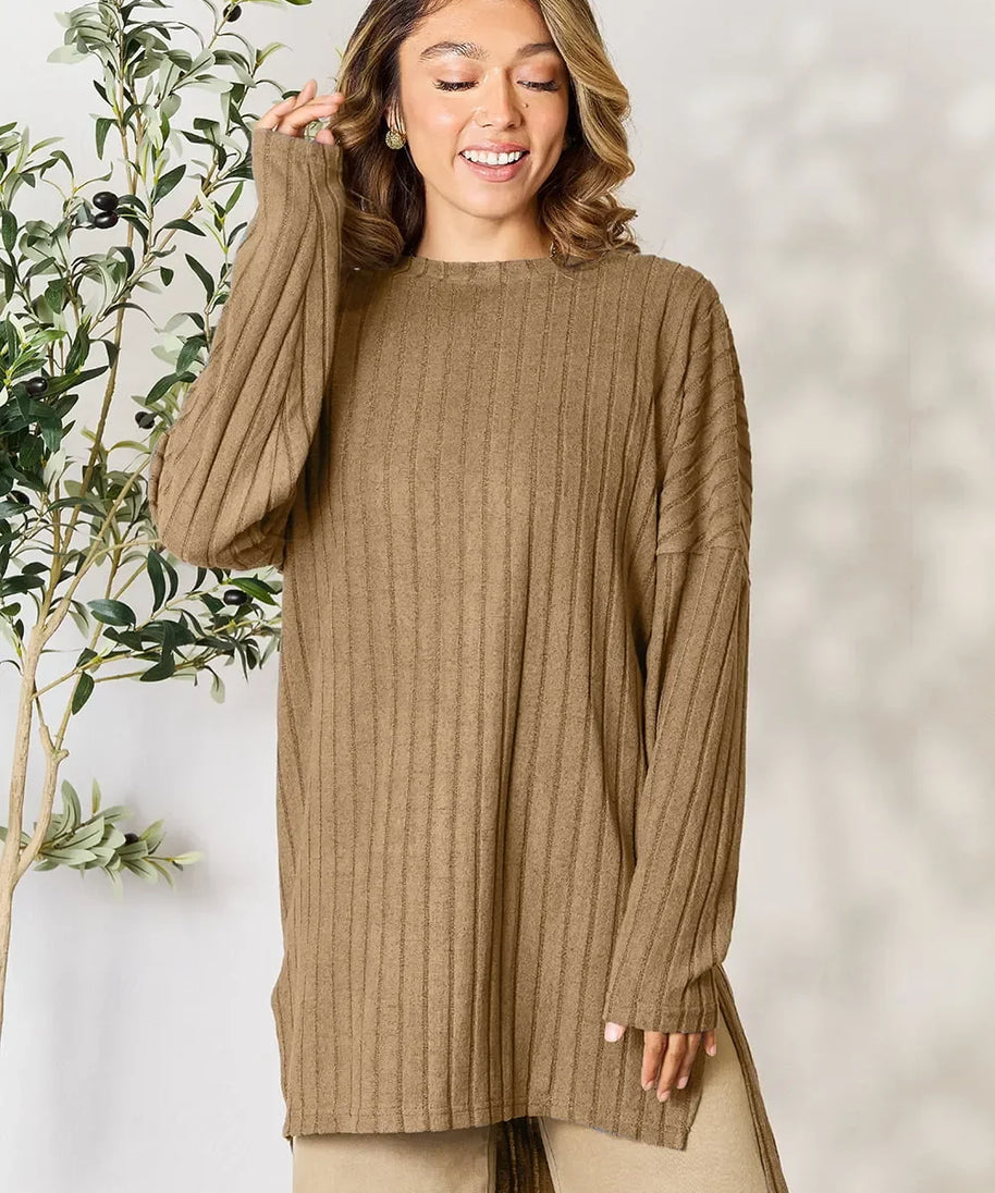 Basic Bae Full Size Ribbed Round Neck Long Sleeve Slit Top