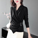 Women's V-Neck Lurex Long Sleeve Top – Slim Fit Waist-Cinching Stretch Base Layer