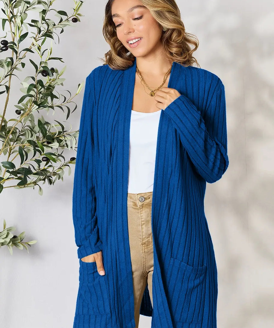 Basic Bae Full Size Ribbed Open Front Cardigan with Pockets