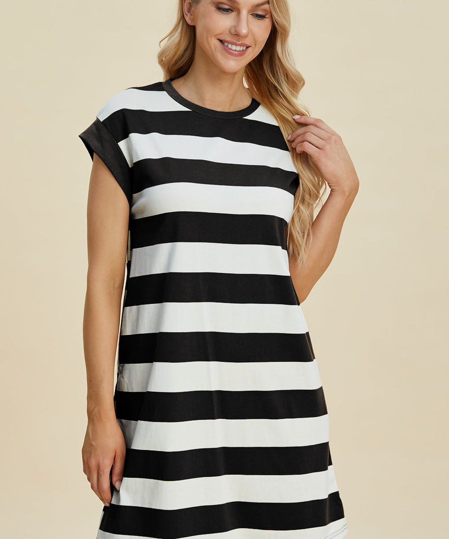 Basic Bae Full Size Striped Round Neck Cap Sleeve Mini Dress