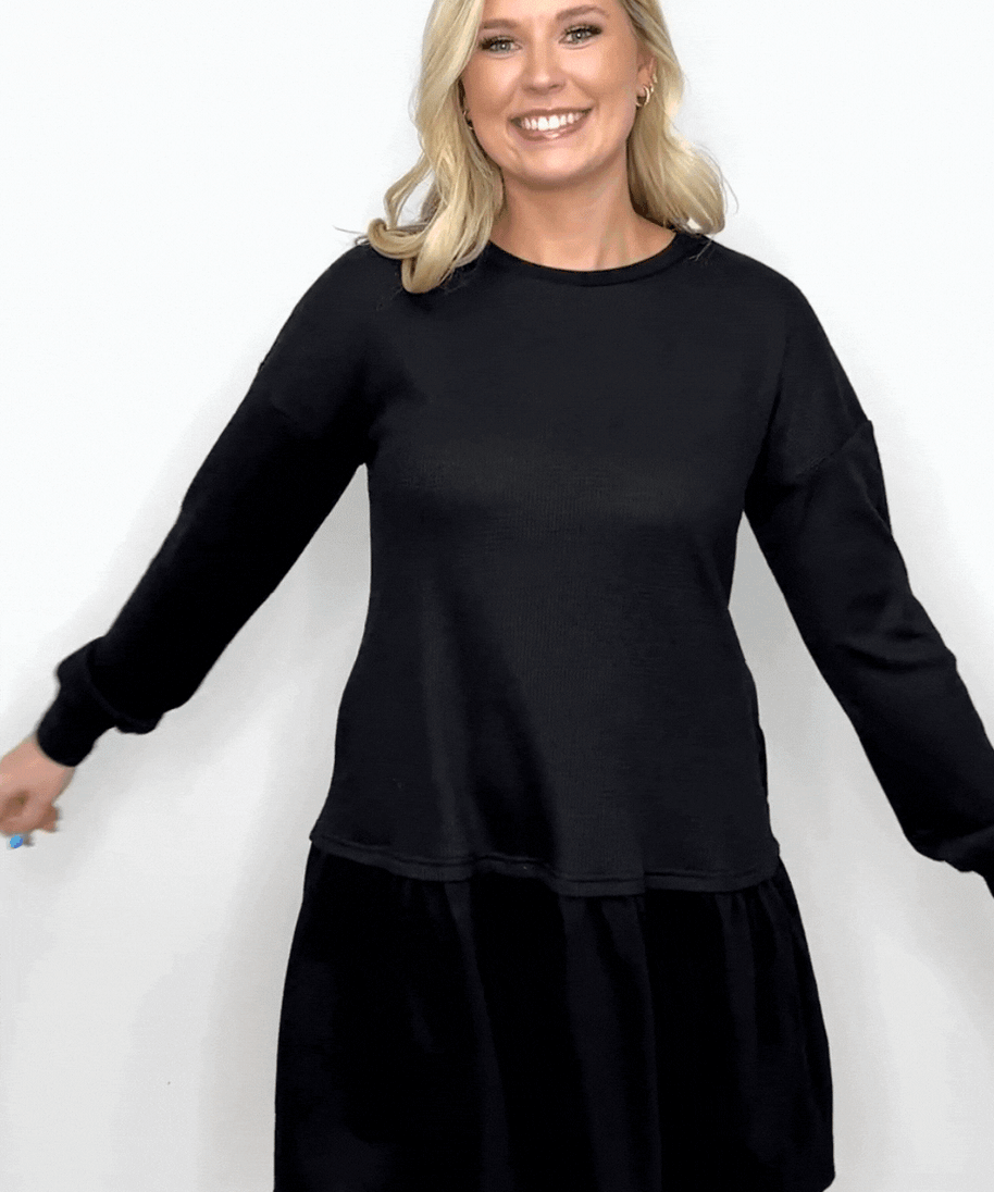 Waffle Knit Long-Sleeve Dress, Black