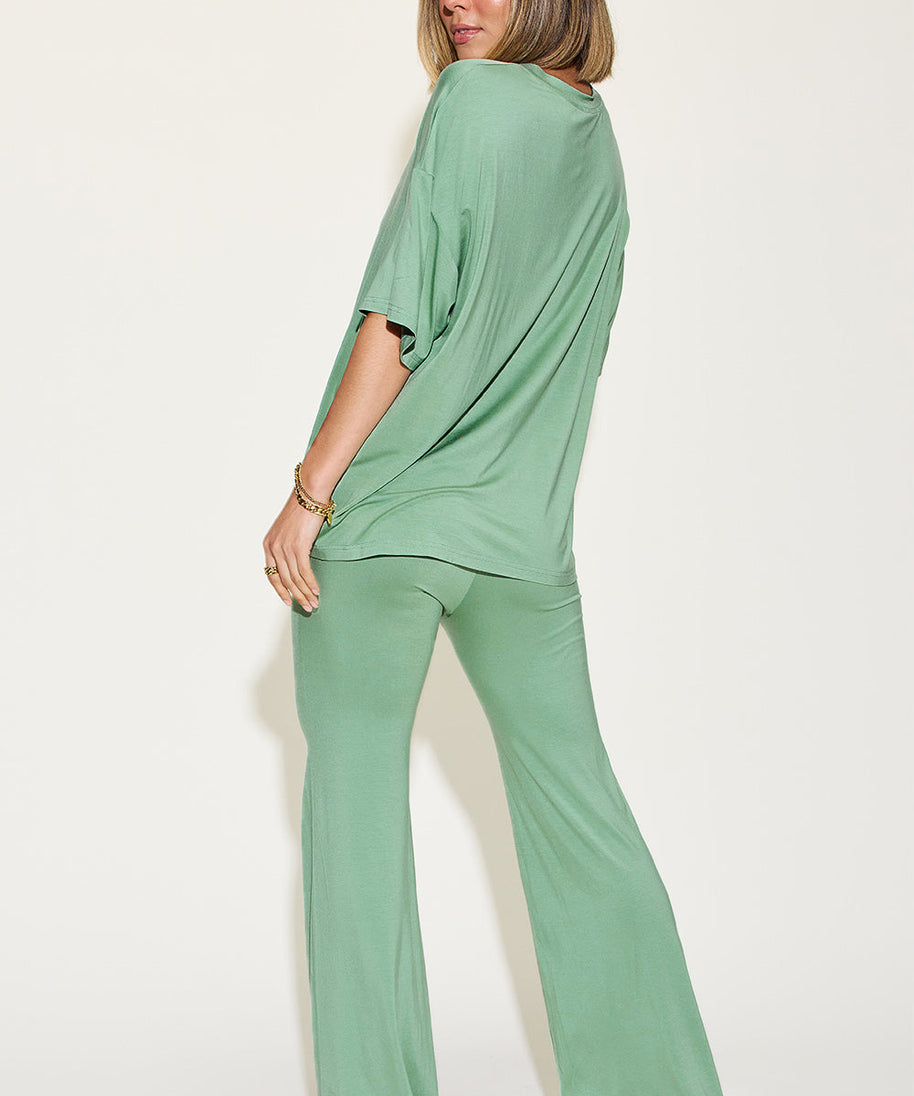 Basic Bae Full Size Bamboo Drop Shoulder T-Shirt and Flare Pants Set