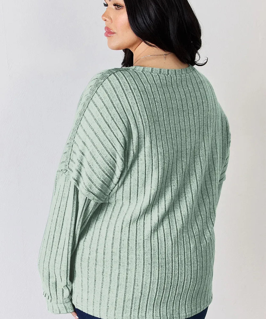 Basic Bae Full Size Ribbed Half Button Long Sleeve T-Shirt