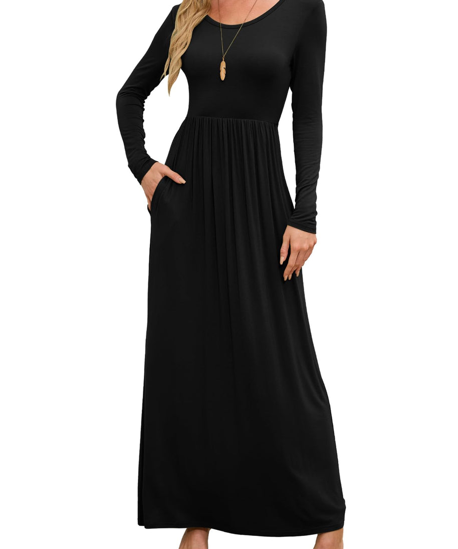 DEARCASE Women Dress Black Large Crewneck Long Sleeves Maxi Wedding Guest A-line Plain Casual Empire Waist Flowy Party Vintage Spring Fall Winter Floor Dresses with Pocket
