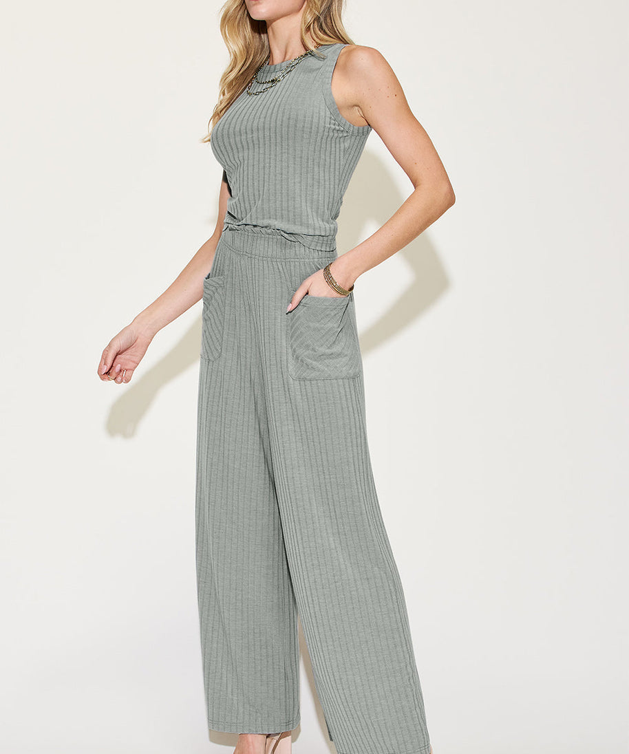 Basic Bae Full Size Ribbed Tank and Wide Leg Pants Set