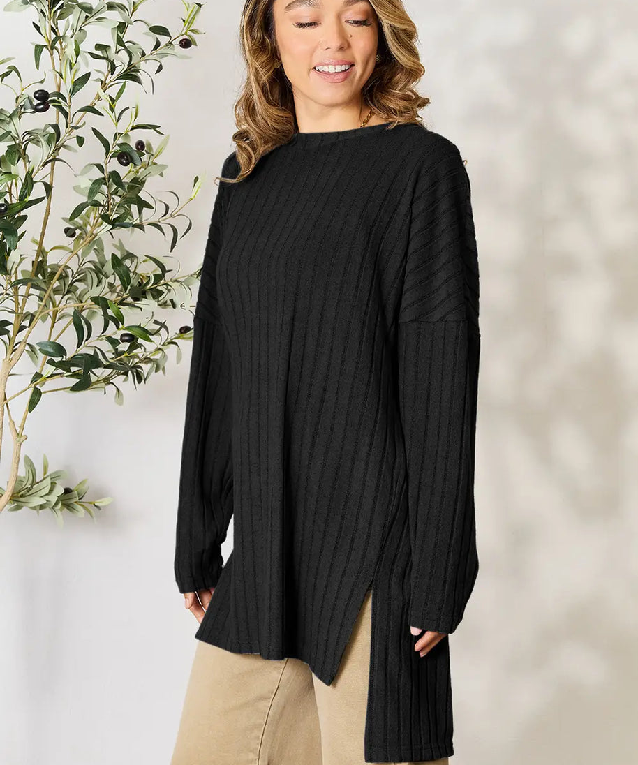 Basic Bae Full Size Ribbed Round Neck Long Sleeve Slit Top