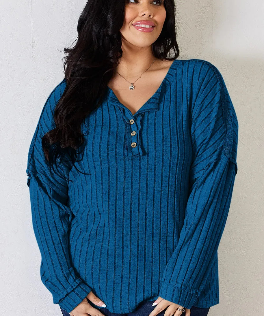 Basic Bae Full Size Ribbed Half Button Long Sleeve T-Shirt