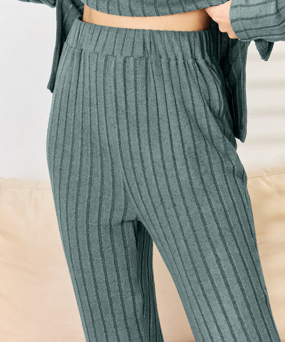 Basic Bae Full Size Ribbed Drawstring Hooded Top and Straight Pants Set