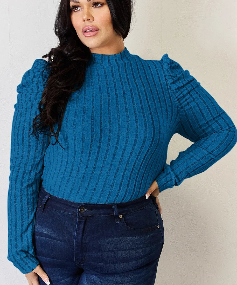 Basic Bae Full Size Ribbed Mock Neck Puff Sleeve T-Shirt