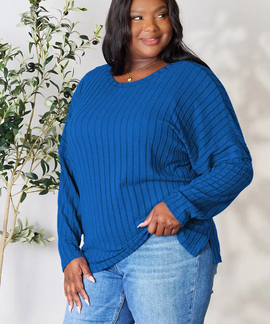 Basic Bae Full Size Ribbed Round Neck Slit Knit Top