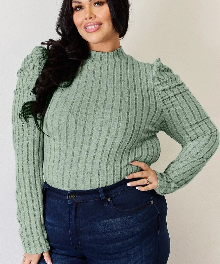Basic Bae Full Size Ribbed Mock Neck Puff Sleeve T-Shirt