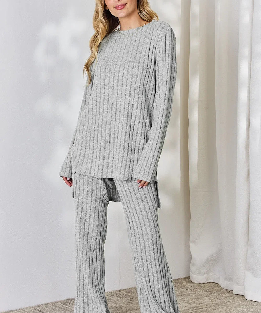 Basic Bae Full Size Ribbed High-Low Top and Wide Leg Pants Set