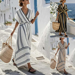 Women's Boho Striped Maxi Dress | V-Neck Short Sleeve Beach Holiday Dress | S–3XL