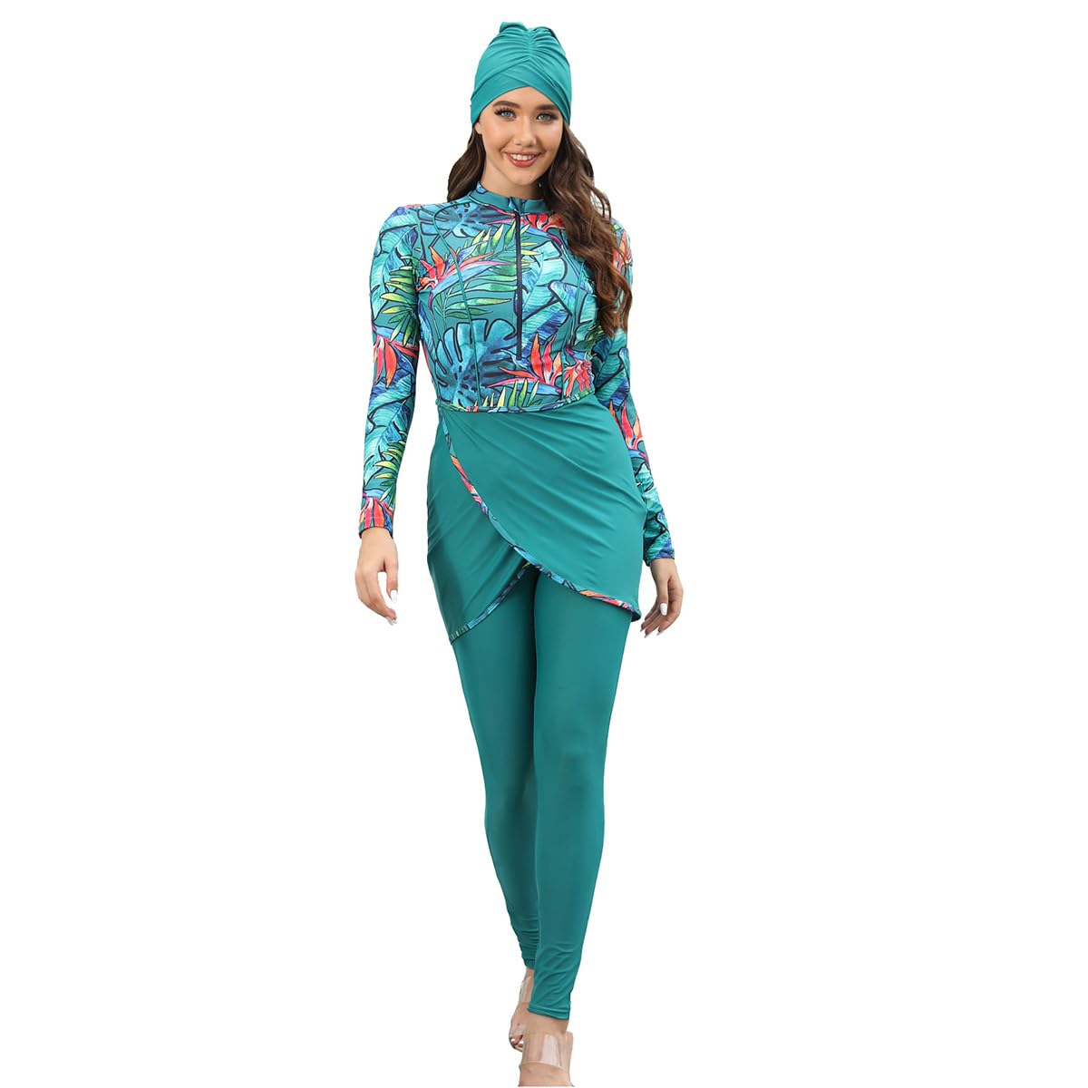 Plus Size Rashguard Swimsuit For Women Muslim Swimwear Long Sleeve Burkini Full Cover Surf Swimsuits For Women Swim Top Dress Womens Bathing Suits With Pants Cap Beach Swimsuits Mint Green ff 3XL