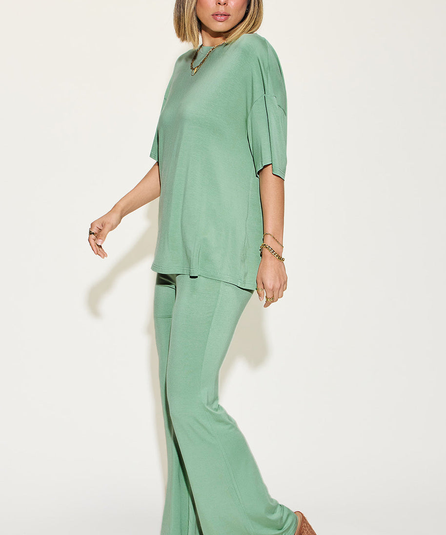 Basic Bae Full Size Bamboo Drop Shoulder T-Shirt and Flare Pants Set