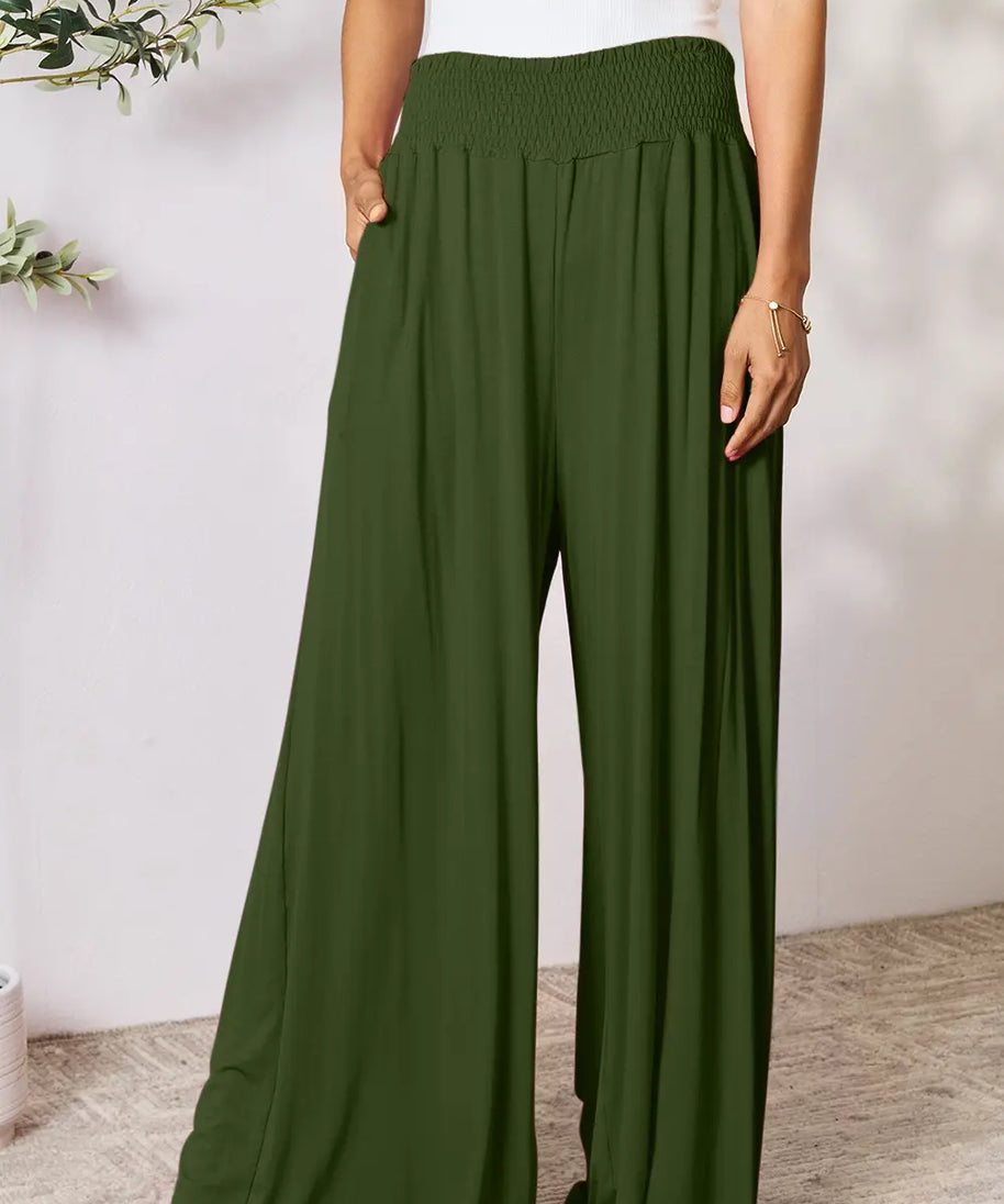 Basic Bae Full Size Smocked Wide Waistband Wide Leg Pants