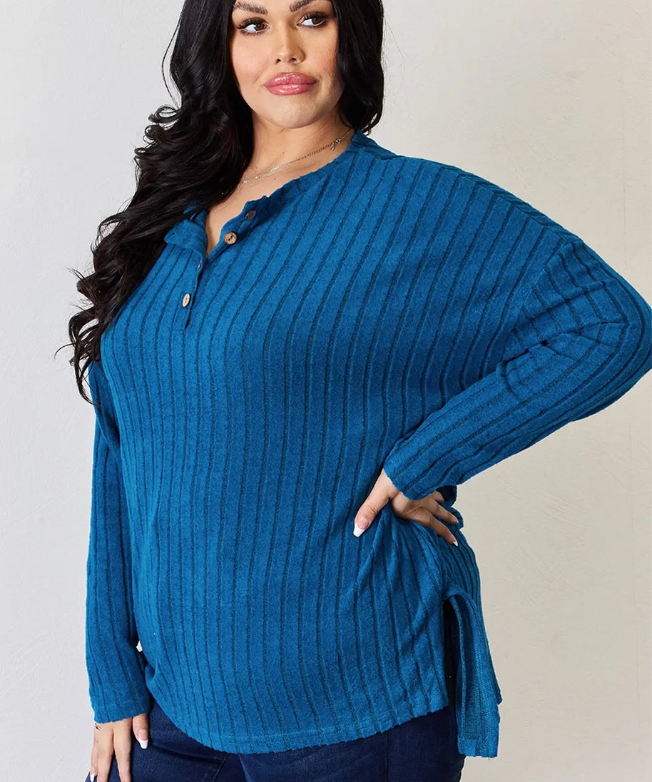 Basic Bae Full Size Ribbed Half Button Long Sleeve High-Low T-Shirt