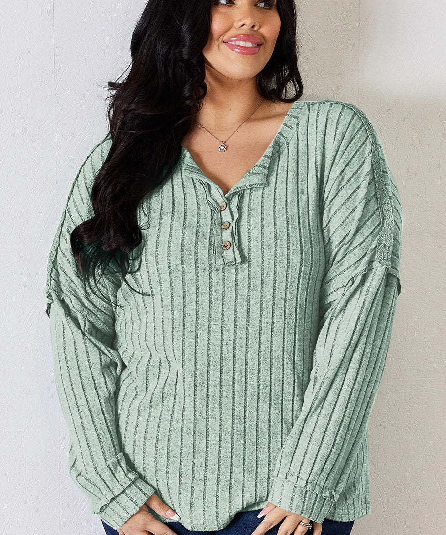 Basic Bae Full Size Ribbed Half Button Long Sleeve T-Shirt