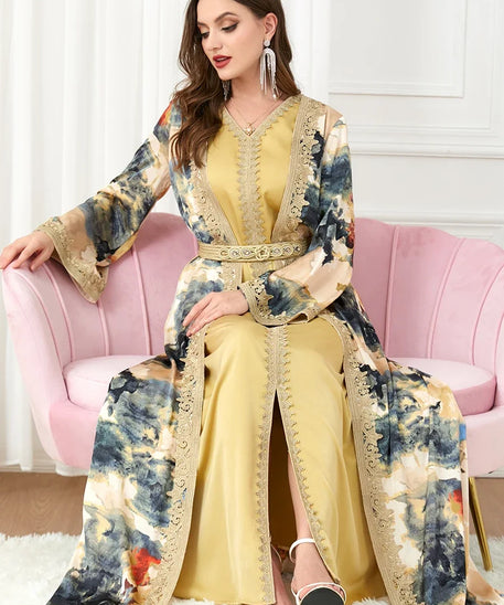 Morocco Muslim Abaya Dress 2 Piece Set with Embroidery