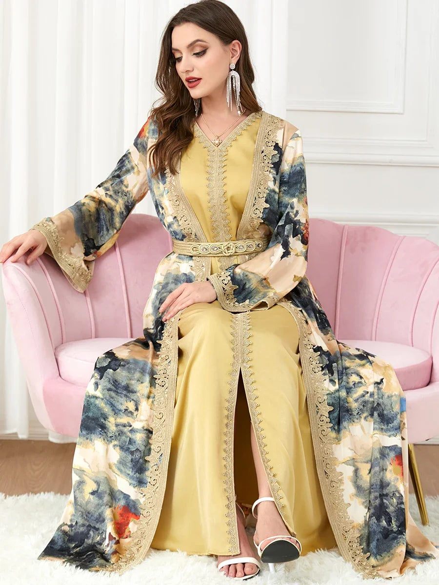 Morocco Muslim Abaya Dress 2 Piece Set with Embroidery