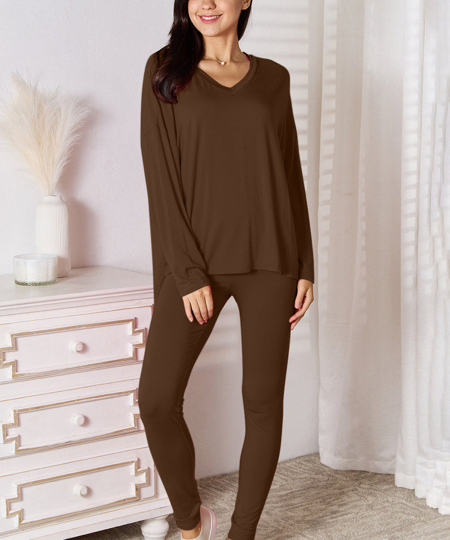 Basic Bae Full Size V-Neck Soft Rayon Long Sleeve Top and Pants Lounge Set