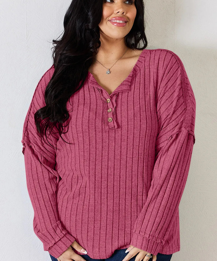 Basic Bae Full Size Ribbed Half Button Long Sleeve T-Shirt