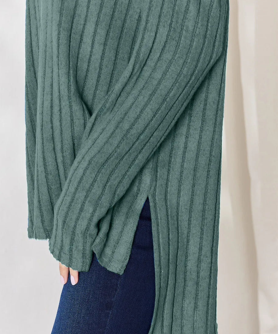 Basic Bae Full Size Ribbed Half Button Long Sleeve High-Low T-Shirt
