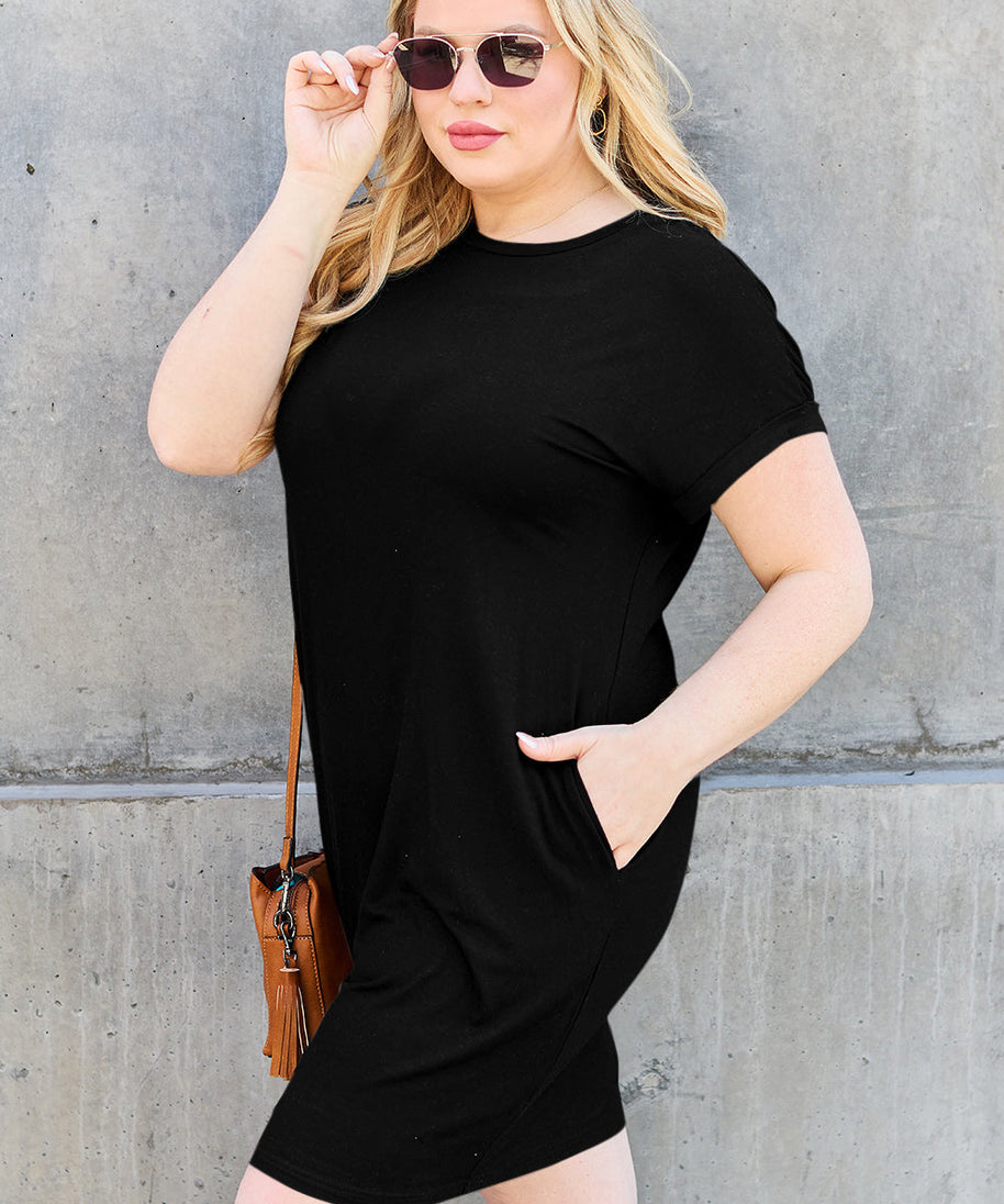 Basic Bae Bamboo Full Size Round Neck Short Sleeve Dress with Pockets